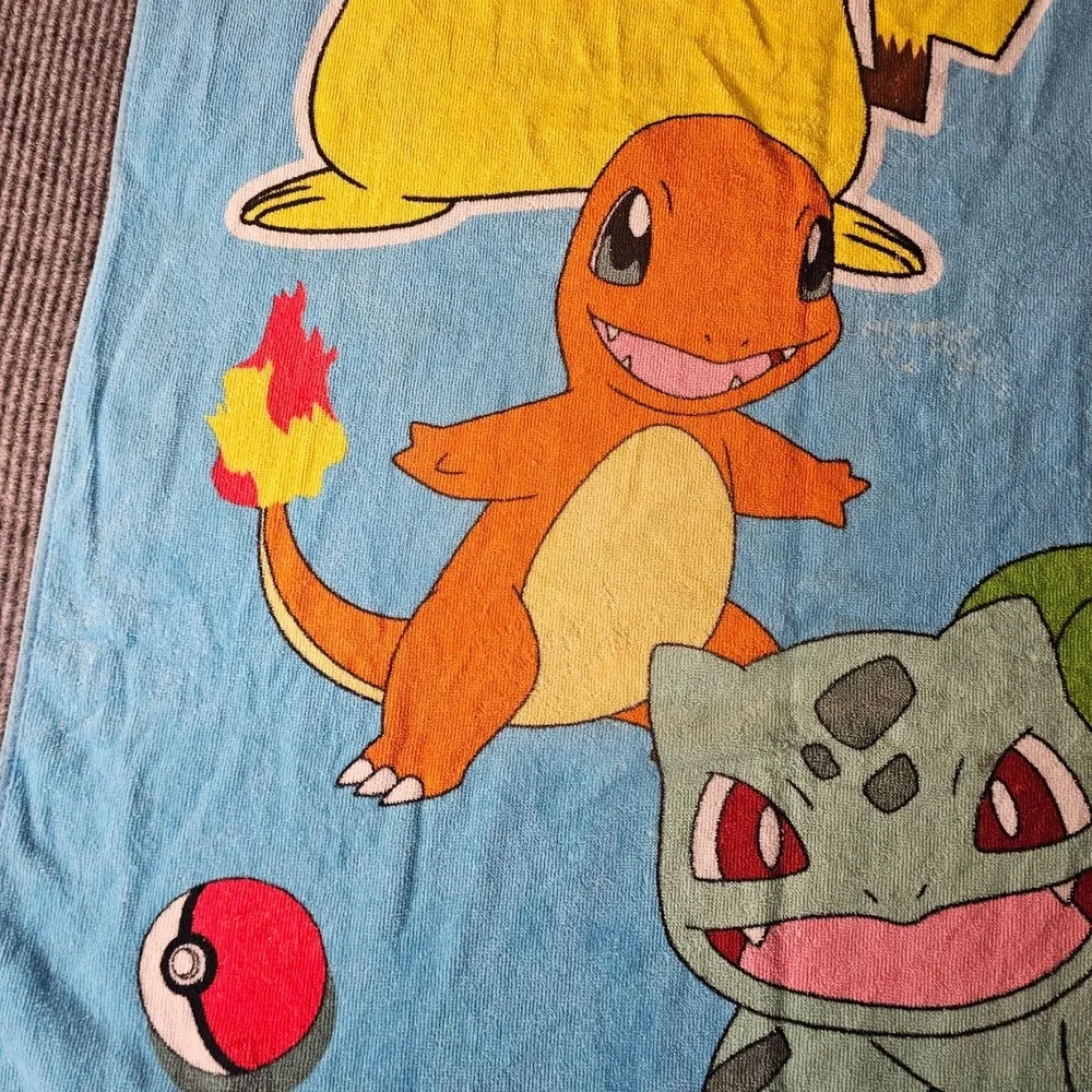 Pokemon Blue Beach Towel 28x55 Pikachu Charmander Squirtle Bulbasaur Cotton
